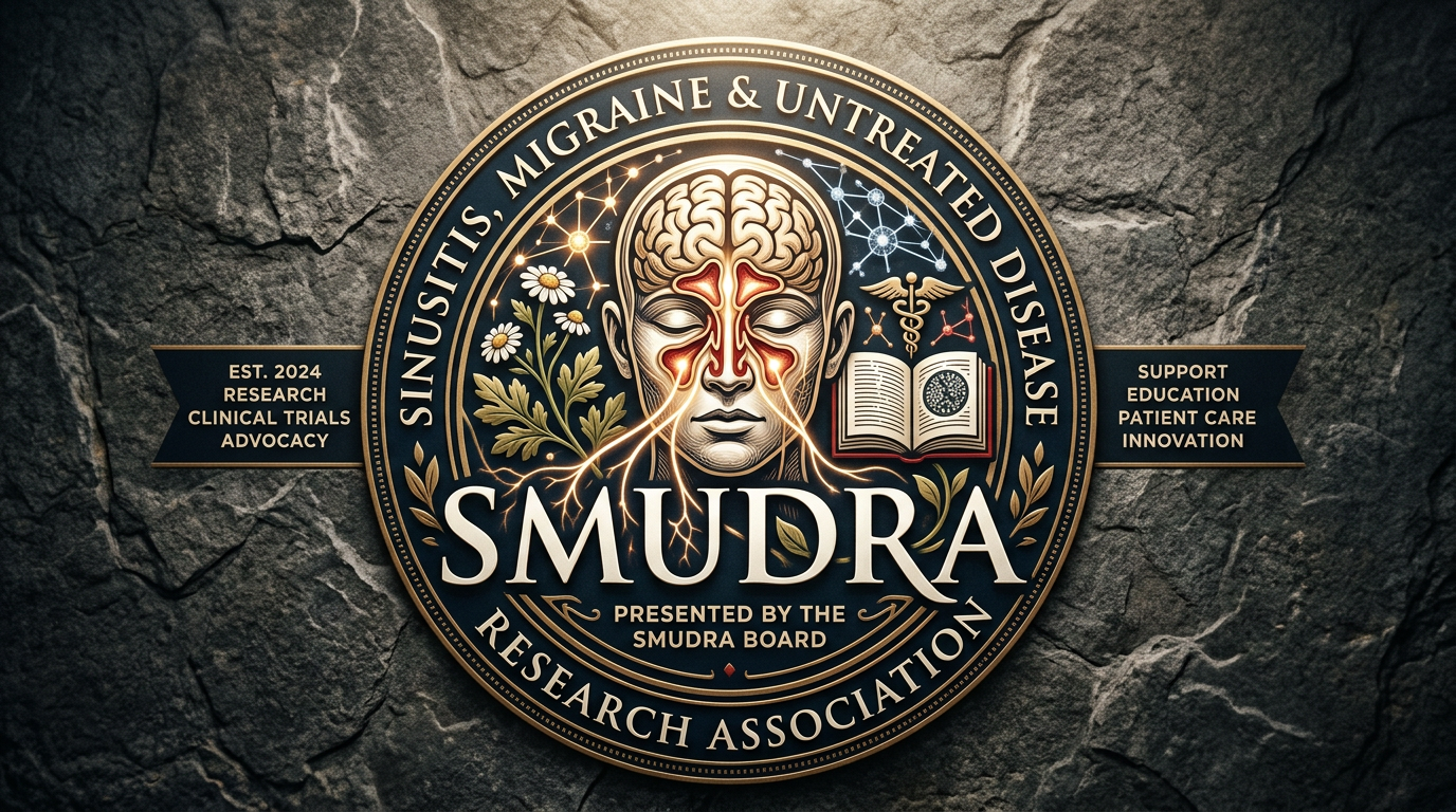 SMUDRA emblem featuring sinus and migraine research theme
